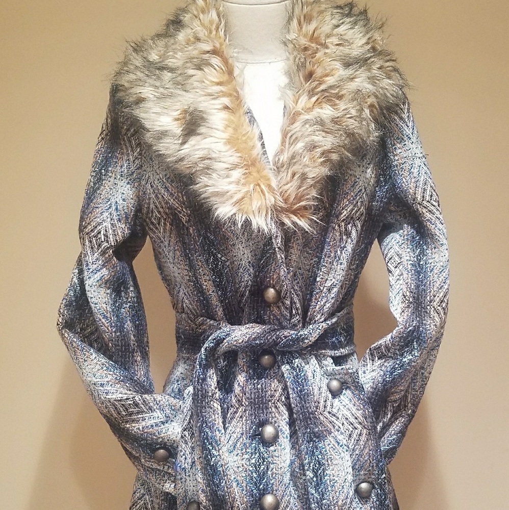ME JANE plaid coat with removable faux fur collar